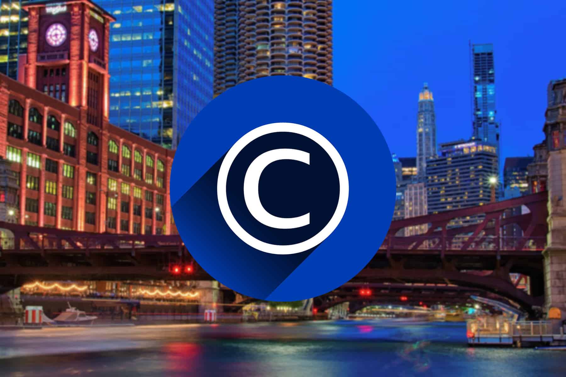 Copyright symbol over the Chicago skyline illustrating copyright and image licensing for corporate photography.